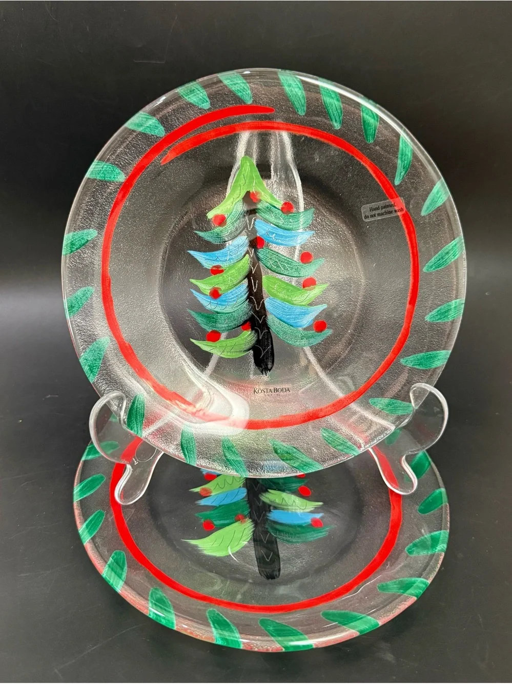 Lot 2 KOSTA BODA Ulrica Hydman-Vallien Hand-Painted Christmas Tree Glass Plate